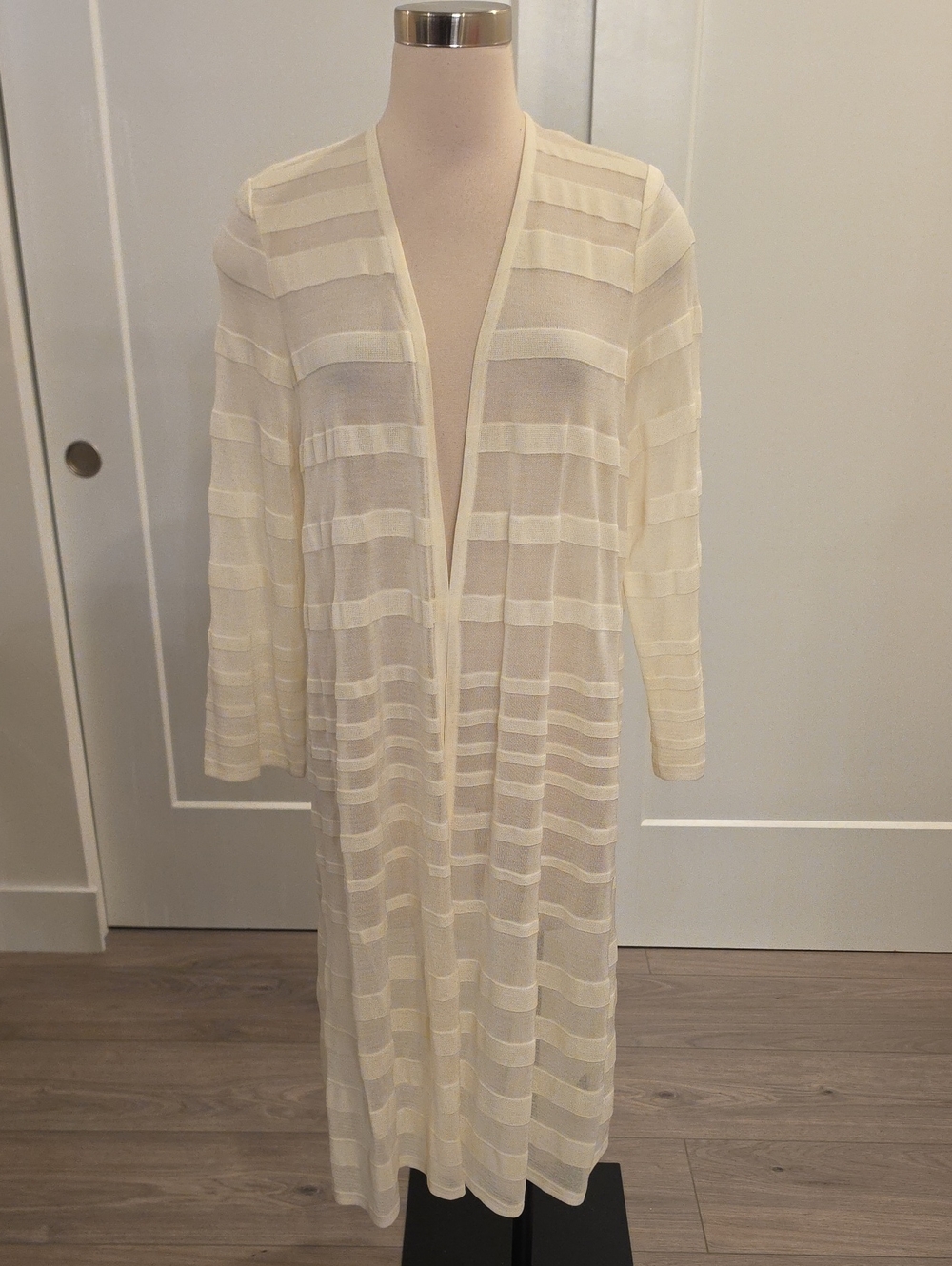 Misook designer women’s Cream Open-Front Sheer Striped Long Cardigan one size